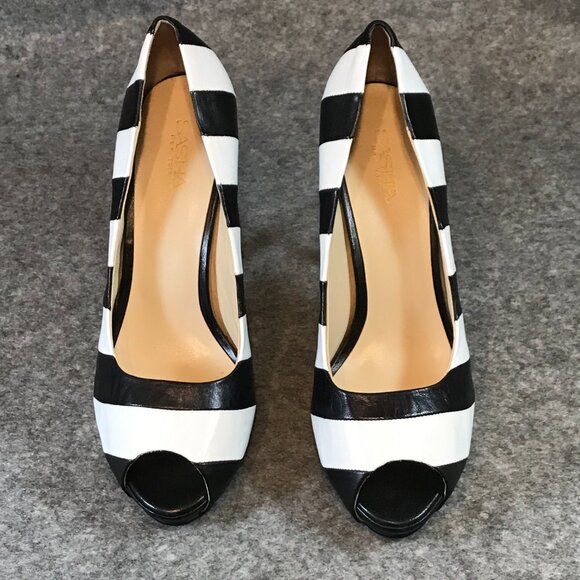Sasha New York Leather Black and White Stripes Heel Peep Toe Shoes - Picture 7 of 12